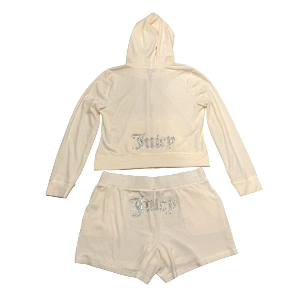 NWT Juicy Couture Womens L Velour Hoodie & Shorts Set Oyster Rhinestone Logo - Picture 2 of 11